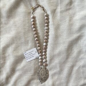 Elegant Vintage White and Tan Beaded Necklace with Brooch